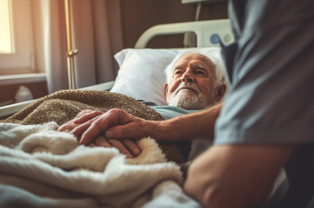 Ein älterer Patient liegt im Bett, eine Krankenschwester hält vorsichtig seine Hand. Gemütliches Krankenhauszimmer mit sanfter Beleuchtung. Konzept: Ruhe, Krankenhauszimmer, Unterstützung, Achtsamkeit, Palliativmedizin, Hospiz.