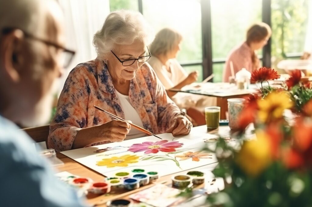 Eine Gruppe von Senioren, die sich künstlerisch betätigen, Aktivitäten für Senioren Konzept. Männer und Frauen genießen es, mit einem Pinsel zu malen, um den Tisch zu sitzen und eine gute Zeit miteinander zu haben